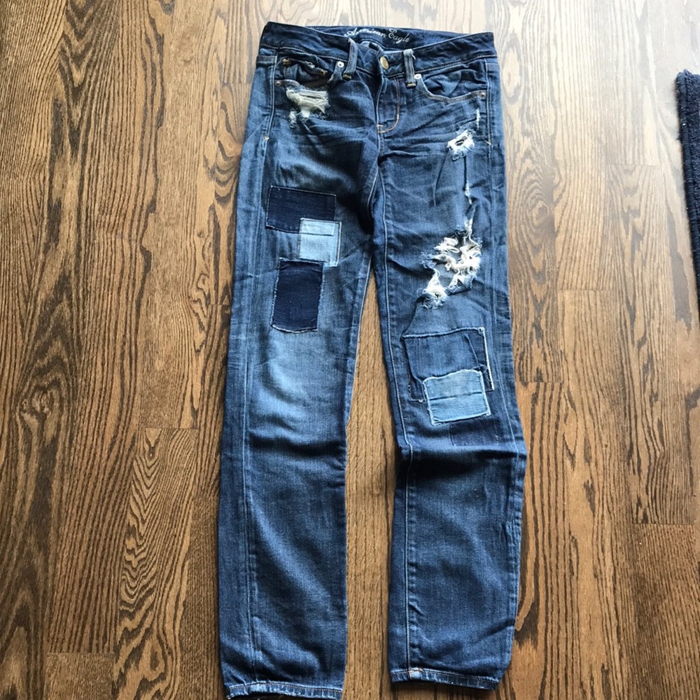 American Eagle skinny, stretch jeans, patchwork, size 2
